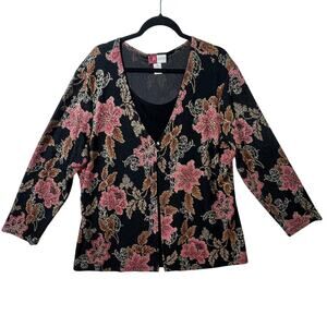 JM COLLECTION Jennifer Moore Floral Size 3X Black Pink Long Sleeve Attached Tank